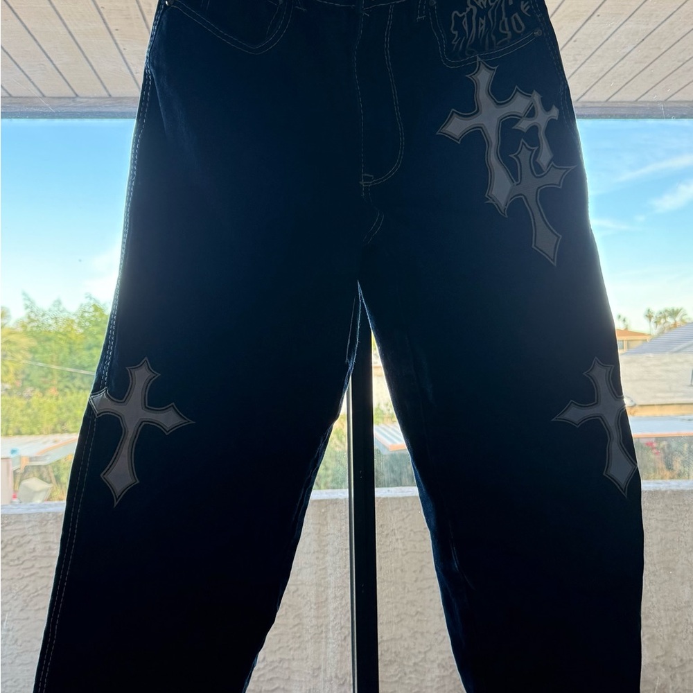 Men's Black Straight Jeans with Cross Design